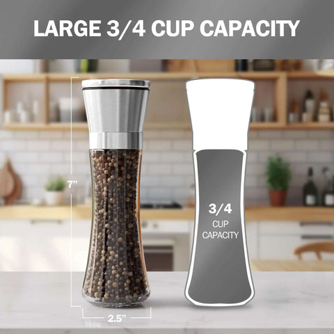 Stainless Steel Salt And Pepper Grinder Set Of 2 With Adjustable Ceramic Mills, 3/4 cup capacity tall clear glass shaker on kitchen counter.