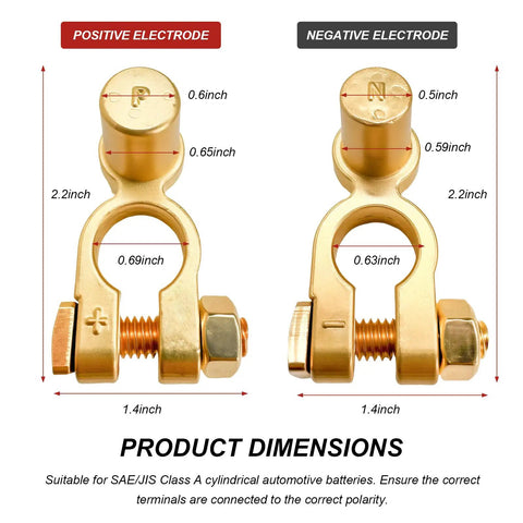 Slick SAE To JIS Battery Terminal Converters 2 Piece Quick Release Top Post Clamps with dimensions for positive and negative electrodes.