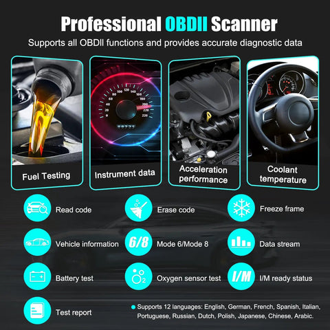 Professional OBDII Scanner with features like fuel testing, mode 6/8, data stream, and battery test.