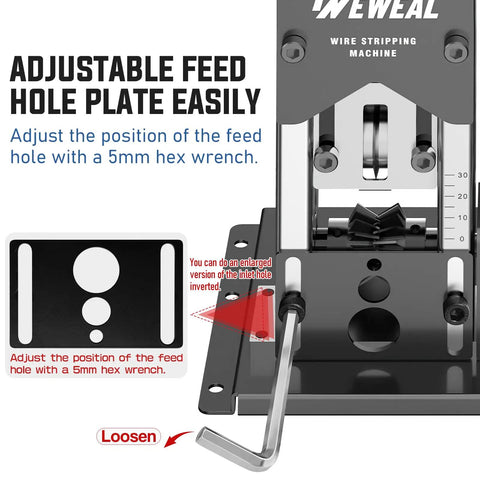 Adjustable feed hole plate of Automatic Wire Stripper Knocks Out Copper Prep handles, adjustable with a 5mm hex wrench.