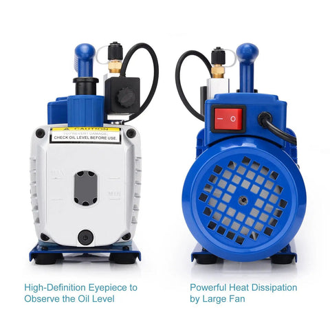 3 CFM Single Stage Rotary Vane Vacuum Pump With Solenoid Valve for HVAC, front and side view