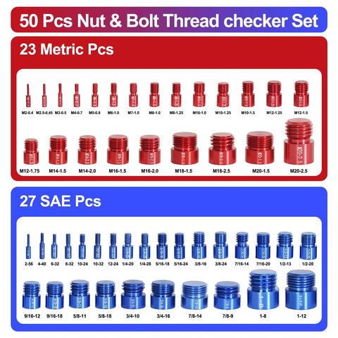 50 Piece Thread Checker Kit For Nuts And Bolts With 27 SAE And 23 Metric Gauges In A Slim Foam Case