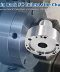 Beefy 5C Collet Lathe Chuck Closer With 5 Inch Plain Back attached to a machine, showing recessed bore and pinion actuator