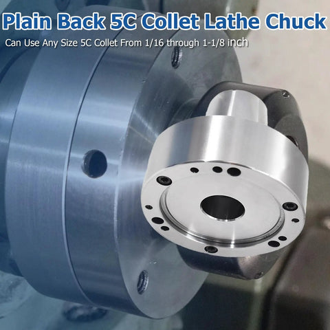 Beefy 5C Collet Lathe Chuck Closer With 5 Inch Plain Back attached to a machine, showing recessed bore and pinion actuator