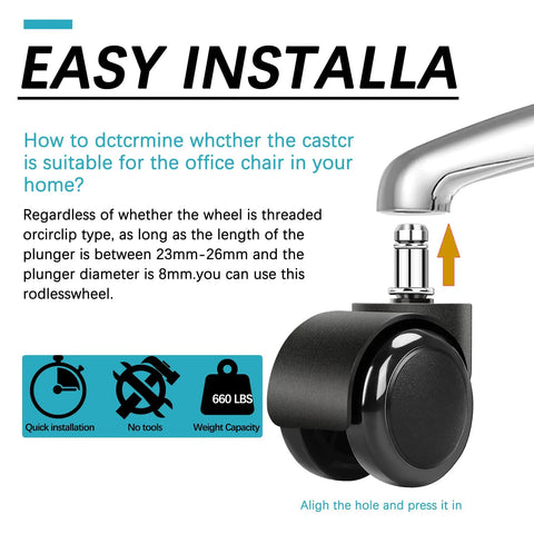 Image showing installation instructions for 2 Inch Black Silent Chair Wheel Replacement Set, Stemless Casters For Office Furniture, Quiet Glide.