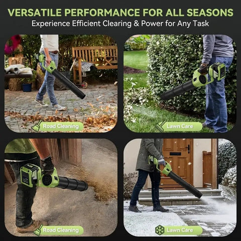 Powerhouse Cordless Brushless Leaf Blower Kit With Dual 4.0Ah Batteries used for road cleaning and snow removal.