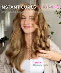 Woman shows before and after using Automatic Rotating Curling Iron for Effortless Beachy Waves, CurlPRO Wand With Ionic Technology.