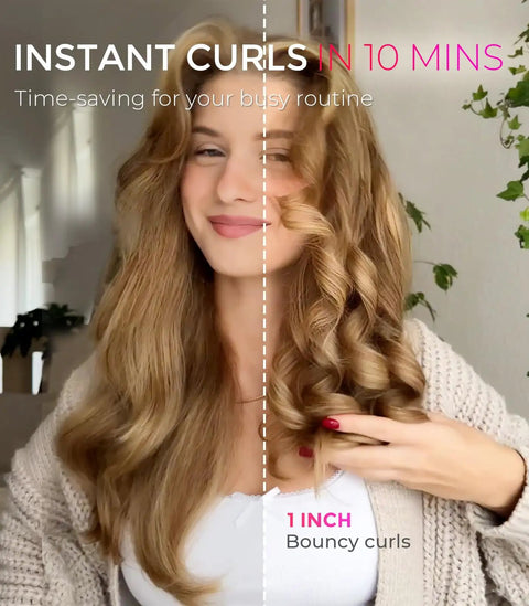 Woman shows before and after using Automatic Rotating Curling Iron for Effortless Beachy Waves, CurlPRO Wand With Ionic Technology.