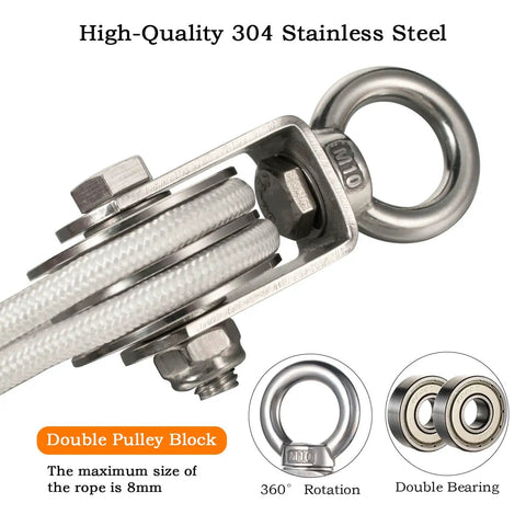 Heavy Duty Stainless Steel Double Cable Pulley Block 2 Pack With Bearings Inside And Swivel Single Wheel For Lifting Systems Load Up To 1100 Lb Great For Garage Or Workshop Rigging And DIY Projects, 304 stainless steel double pulley block, 8 mm rope