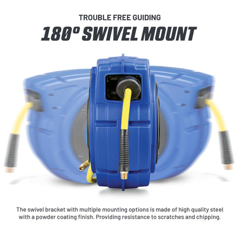 Air Hose Reel Retractable One Quarter Inch By Fifty Foot Premium Commercial Hybrid Flex Polymer Hose with swivel mount