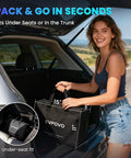 Woman placing Portable Level 2 EV Charger J1772 Charging Station in car trunk with carry case visible