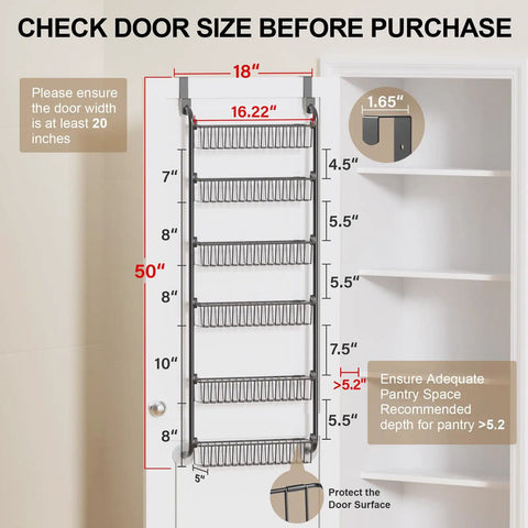 Dimensions of Six Tier Over The Door Pantry Organizer Rock Solid Metal Hanging Kitchen Basket for optimal fit.