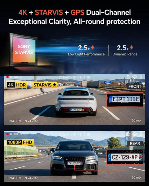 Crisp 4K Dual Dash Cam With Front And Rear Cameras, Starvis Sensor, GPS recording high clarity license plates on highway