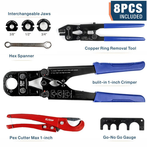 Copper Ring Crimping Tool Kit For F1807 Standards With Interchangeable Jaws For Three Eighths, One Half, Three Quarters, And One Inch Includes Ring Removal Tool PEX Pipe Cutter Go No Go Gauge And Spanner For Tight Spaces displayed on table