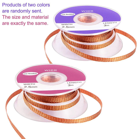 Purple and pink spools of Pro Grade No Clean Braided Desoldering Wick for Solder Removal, copper wire wick, 2.5mm x 3m size