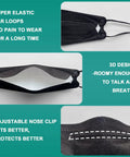 KN95 Face Masks For Adults 50 Pack Individually Wrapped 5 Ply Black Disposable Masks Against PM 2 5 Smoke And Dust With 95 Percent Filtration Efficiency And 3D Shape For Tight Fit And Easier Breathing In Everyday Use, showing elastic ear loops, 3D design, and adjustable nose clip.
