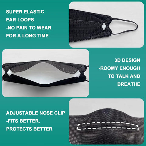 KN95 Face Masks For Adults 50 Pack Individually Wrapped 5 Ply Black Disposable Masks Against PM 2 5 Smoke And Dust With 95 Percent Filtration Efficiency And 3D Shape For Tight Fit And Easier Breathing In Everyday Use, showing elastic ear loops, 3D design, and adjustable nose clip.
