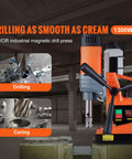 No Sweat Portable Magnetic Drill Press Loaded With A Muscle Bound 1300W Copper Motor And Rock Hard 2922 Lbf Base in action, drilling metal.