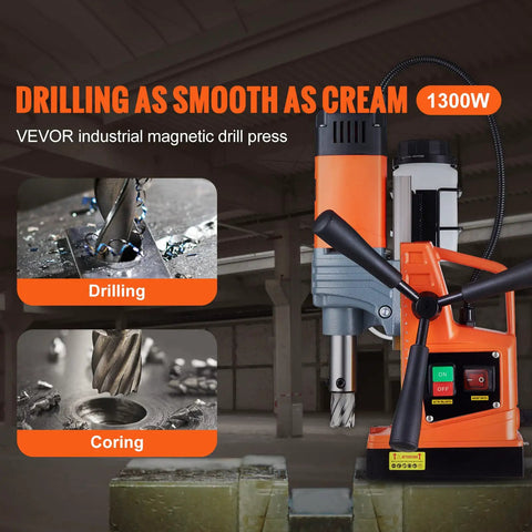 No Sweat Portable Magnetic Drill Press Loaded With A Muscle Bound 1300W Copper Motor And Rock Hard 2922 Lbf Base in action, drilling metal.