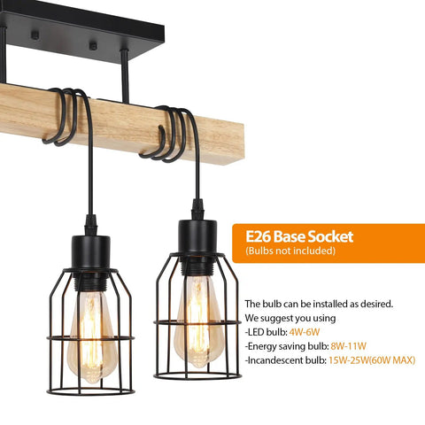 Farmhouse Style 3 Light Semi Flush Mount Ceiling Light Fixture with black metal cage lampshades and wood canopy detail
