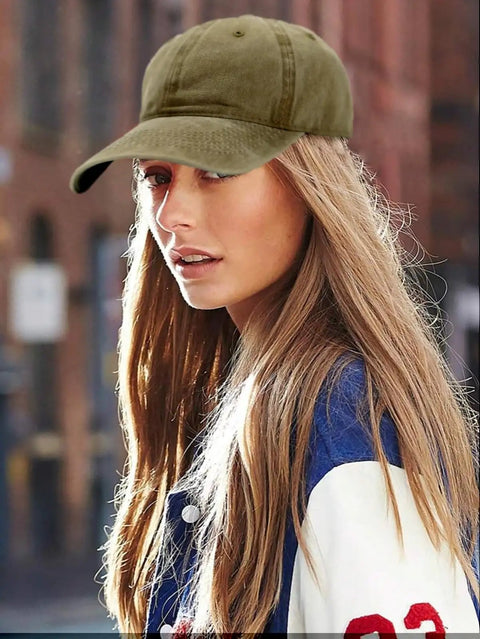 Woman wearing Low Profile Adjustable Washed Cotton Baseball Cap Dad Hat For Men And Women versatile urban style