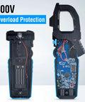 All In One Handy Clamp Meter Multimeter With Auto Ranging 6000 Counts True RMS showing open interior and 600V overload protection