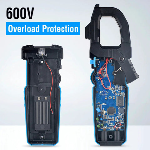 All In One Handy Clamp Meter Multimeter With Auto Ranging 6000 Counts True RMS showing open interior and 600V overload protection