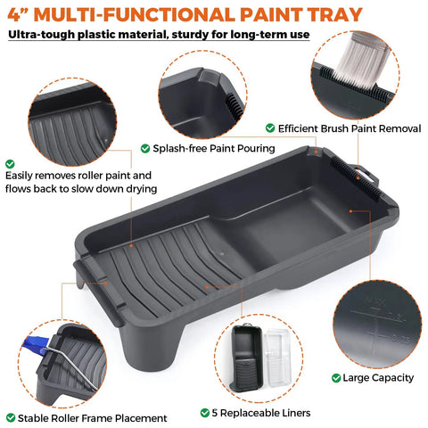 Black paint tray from 20 Piece Small Paint Roller Kit With 4 Inch And 2 Inch Rollers, featuring ridged surface and durable design.