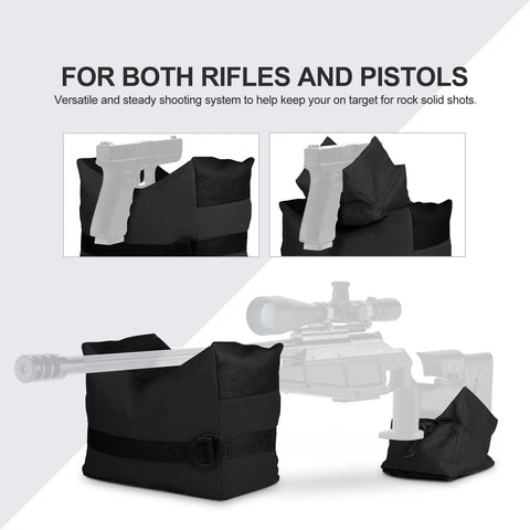 Range Ready Outdoor Shooting Rest Bags with front and rear support for rifle and shotgun sandbag stand holders in use with firearms.