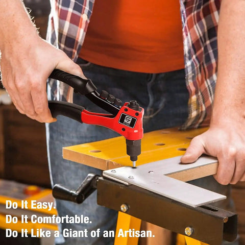 Person using Rivet Gun Kit With 200 Aluminum Rivets And Four Drill Bits for DIY home projects on a workbench