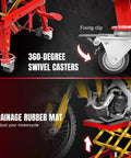 Image of Beefy Heavy Duty Hydraulic Foot Operated Motorcycle Lift Table With 350 Lb Capacity showing 360-degree swivel casters.