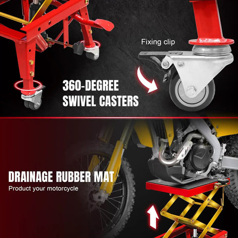 Image of Beefy Heavy Duty Hydraulic Foot Operated Motorcycle Lift Table With 350 Lb Capacity showing 360-degree swivel casters.