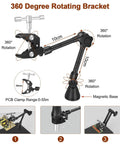 360 degree rotating bracket diagram with PCB clamp and magnetic base from Two In One Magnetic Soldering Third Hand system.
