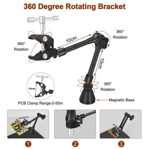 360 degree rotating bracket diagram with PCB clamp and magnetic base from Two In One Magnetic Soldering Third Hand system.