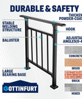 Built Tough Adjustable Wrought Iron Stair Handrail For Outdoor Steps With Handy Hook Setup and Heavy Duty Powder Coat with safety features.