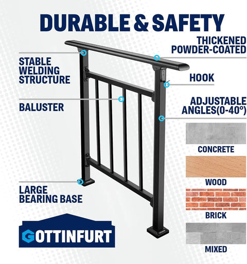 Built Tough Adjustable Wrought Iron Stair Handrail For Outdoor Steps With Handy Hook Setup and Heavy Duty Powder Coat with safety features.