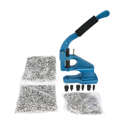 Blue Pro Grade Heavy Duty Hand Press Grommet Machine With Three Dies One Quarter Inch Three Eighths Inch One Half Inch Eyelet Punch Tool Kit Plus 1500 Grommets For Crafting Sewing Sign Making Upholstery with packed grommets in front