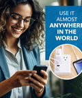 Woman using phone with World Travel Plug Adapter M8 Max With 3 USB Ports And 18W USB C Fast Charge, 2 US Outlets shown