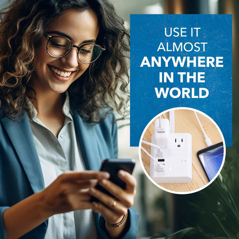 Woman using phone with World Travel Plug Adapter M8 Max With 3 USB Ports And 18W USB C Fast Charge, 2 US Outlets shown