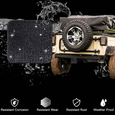 Black Rhinestone Trailer Hitch Cover For 2 Inch Receivers on SUV, waterproof design showcased.