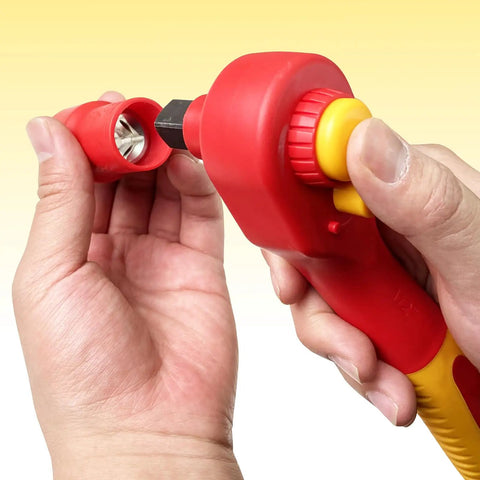 Hand holding ratchet from VDE 1000V Insulated Tools Set 42Pcs with IEC 60900 certified electrical safety