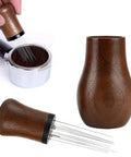 Espresso Coffee Stirrer Tamper And Leveler Tool For Bean Grinder, wooden needle whisk, close-up details and usage