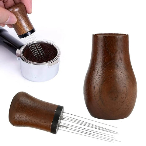 Espresso Coffee Stirrer Tamper And Leveler Tool For Bean Grinder, wooden needle whisk, close-up details and usage