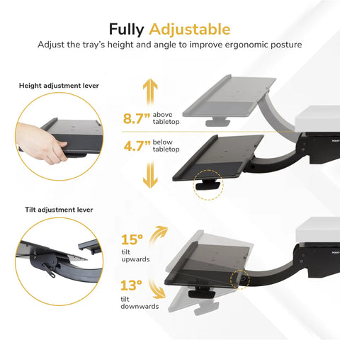 Adjustable Under Desk Keyboard And Mouse Tray Smooth Glide Platform with height and tilt adjustment features.
