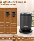 Top Shelf Self Heating Coffee Mug With Precise One Degree Temperature Control Smart Cup Including Spill Resistant Lid And Rechargeable Charging Base For Your Daily Grind on a table with temperature guide.