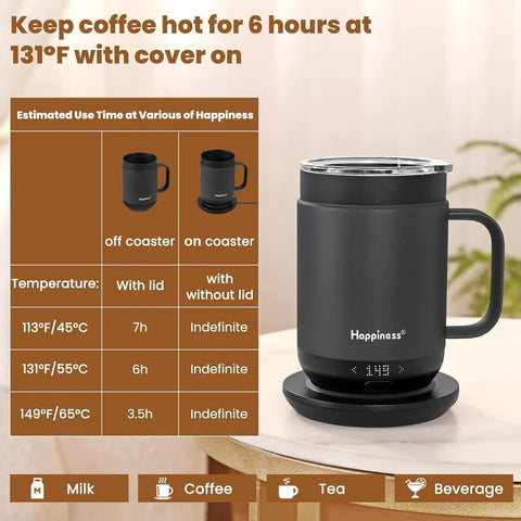 Top Shelf Self Heating Coffee Mug With Precise One Degree Temperature Control Smart Cup Including Spill Resistant Lid And Rechargeable Charging Base For Your Daily Grind on a table with temperature guide.