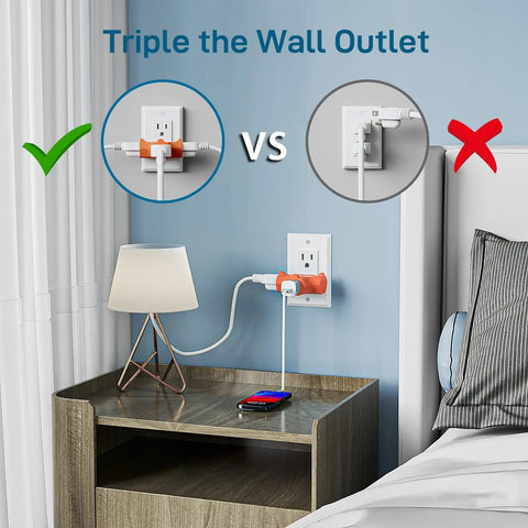 Three Outlet Grounding Power Tap Extender With UL Listed Safety Built Tough Indoor Plug Splitter Turns One Wall Outlet Into Three T Shaped Design 15 Amp 125 Volt 1875 Watt Capacity Orange Three Pack