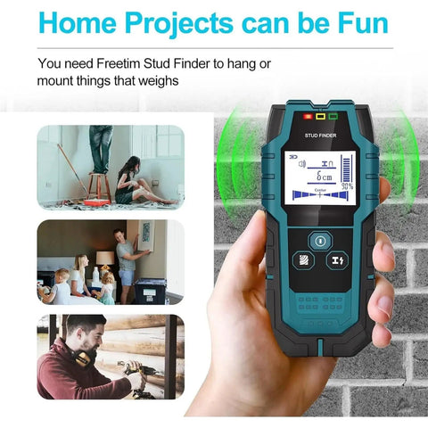 Heavy Duty Stud Finder Wall Scanner With Hd Lcd Display And Auto Calibration For Pinpointing Wood Studs Metal Nails Ac Wires And Pipes held in hand.