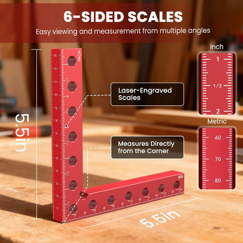 Pro Grade Right Angle Woodworking Clamps 4 Pack 5.5 Inch Aluminum Alloy Spreader Squares With 6 Sided Scales close-up on scale details.