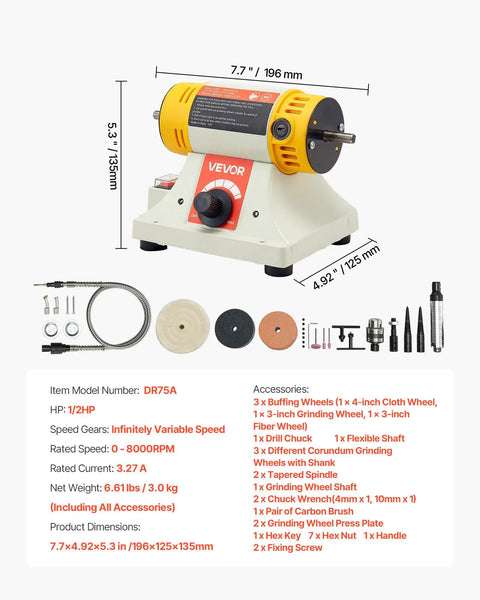 Heavy Hitter 1/2HP Bench Buffer Polisher Machine With Variable Speed Benchtop Grinder, dimensions 7.7 x 4.9 x 5.3 inches, for metal and wood sanding.